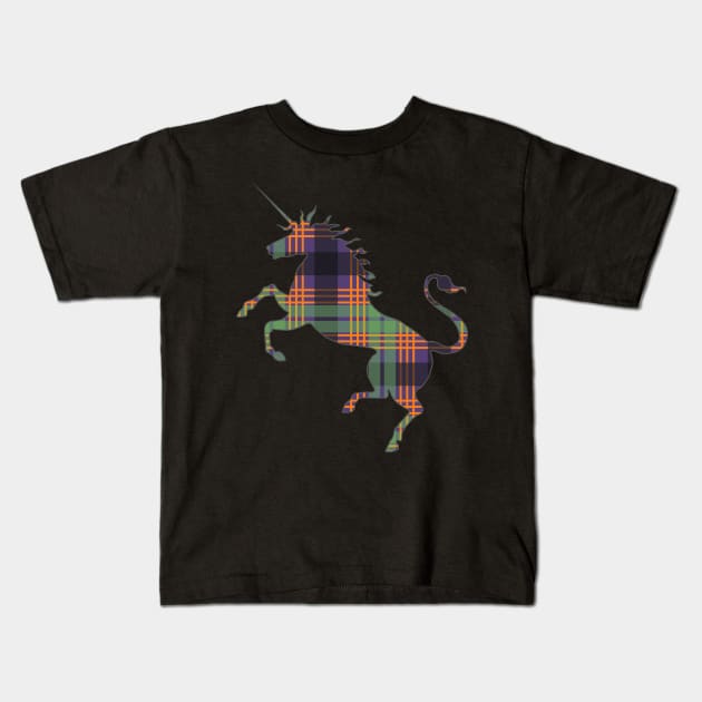 Scottish Purple, Orange and Green Tartan Rearing Unicorn Silhouette Kids T-Shirt by MacPean